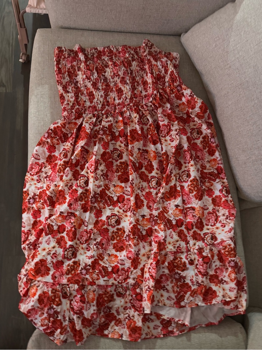 Floral High-Low Smocked Waist Skirt in Red and Pink